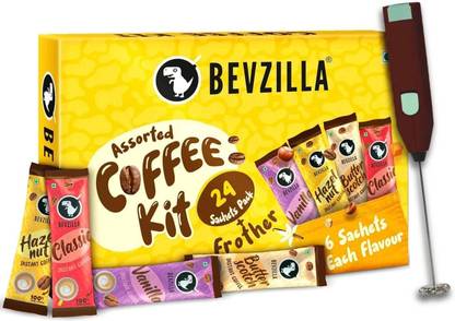 Bevzilla Instant Coffee Gift Box of 24 Assorted Coffee Sachets & Frother Instant Coffee