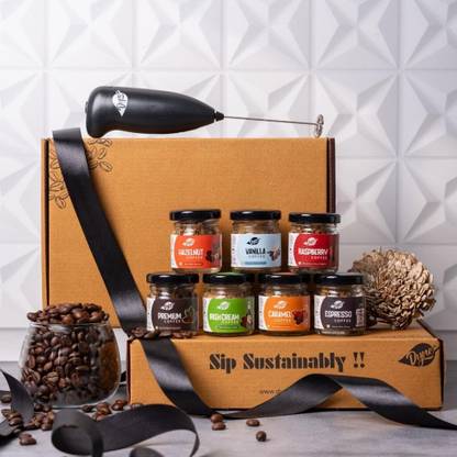 Dyne Weekly Flavoured Box of 7 Mini Jars Coffee Hamper with Frother - 8 Grams Each Instant Coffee