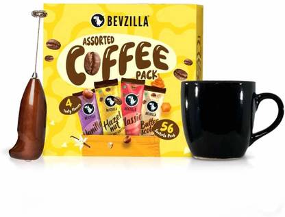 Bevzilla 56 Assorted Instant Coffee Sachets + 1 Ceramic Mug + Electric frother Combo Instant Coffee