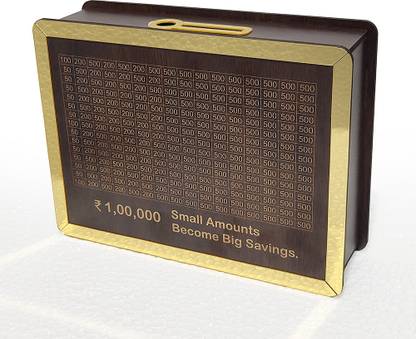 GMD Wooden Money Bank with Golden Mirror Frame | Piggy Bank with Counting Target 1 L Coin Bank