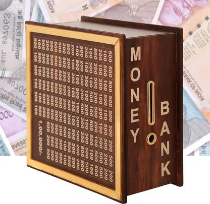 HOOTZILLA Wooden Money Saving Box Golden | Cash Saver Money Box with Counting Target Coin Bank