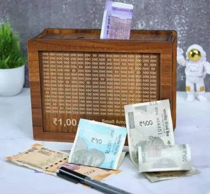 ANGEL CREATIVE Wooden Money Saving Box Cash Saver Money Box(Brown) Coin Bank