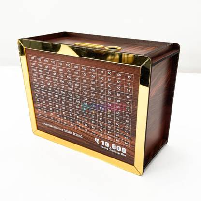 Printiaa Wooden Money Saving Box |10,000 Target Coin Bank | Piggy Bank (Brown) Coin Bank