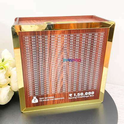Printiaa Dark Wood New PiggyBank Gold Border-S-150k Coin Bank