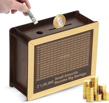 DARSHANAM WORLD golden Wooden Money Saving Box |Counting target money box | Coin box for saving Coin Bank