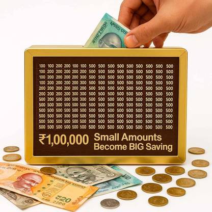 VR Bright Lite Wooden Money Box ₹1L Target | Coin Bank for Family & Gifts Wooden Money Clip