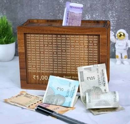RATEJI New 1,00,000 Rupees Money Saving Piggy Bank | Wooden Piggy Bank Coin Bank
