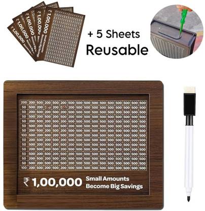 SANCORP Wooden Money/Piggy Bank REUSABLE +5 Sheets for Savings Challenge Box 1,00,000 Coin Bank