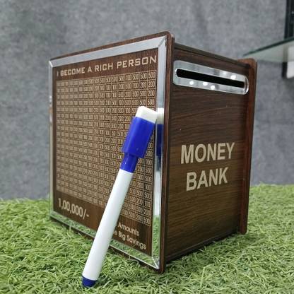 LASER ART Wooden Money Saving Piggy Bank Money saving Goal Tracking Menual (Silver) Coin Bank