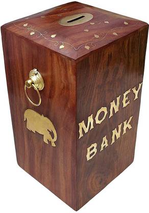 DIGSMORDEN Wooden Piggy Money Bank Coin Box for Kids with Screw Lock (8 x 5 inches) Coin Bank