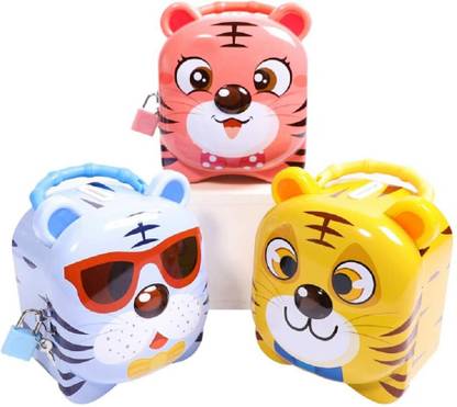 Kp Enterprise Cute Attractive Cartoon Tiger Money Bank Lock and Key Coin Bank Safe Piggy Bank Coin Bank