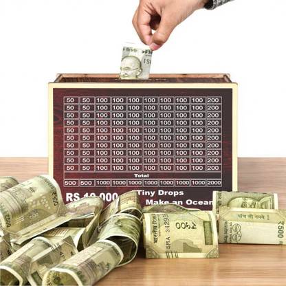 KARNI ART Wooden Money Saving Box | Cash Saver with Counting Target (?10,000) Coin Bank