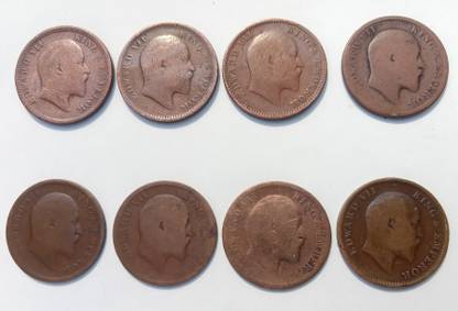 Naaz Rare Quarter Anna Set 1903, 4, 5, 6, 7, 8, 9, 10, Edward VII, Metal Copper & Bronze Medieval Coin Collection