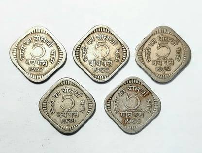 Tanishka Old 5 Paisa Coin Set. Mixed Year All Coins. (Pack of 5) Medieval Coin Collection