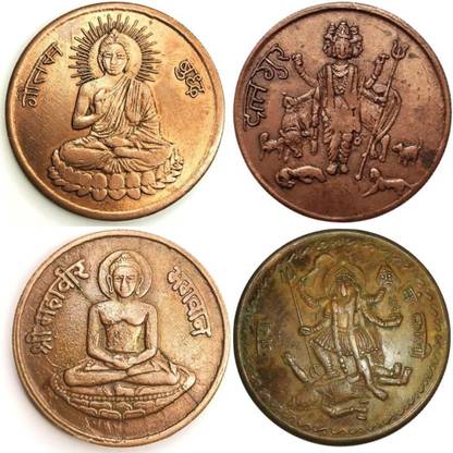 oldcoinwala 20g 4-Coin Combo Gautam Buddha Dutt Guru Ji Mahavir Bhagwan Shree Maha Kali Ancient Coin Collection