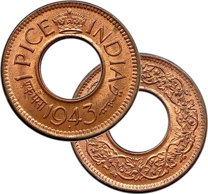 COINIACS 1 Pice (Hole Pice) - George VI, British India Copper Coin, Gem Un-Circulated Condition, Mint State (MS) Grade, Issued Between the years 1943-1947, 100% Authenticty Assurance Medieval Coin Collection