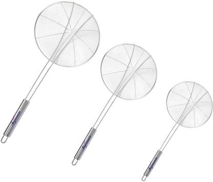 Signamio Heavy Duty Professional Standard Stainless Steel Deep Fry Net Spoon Oil Strainer With SS Shape steel Handle Jhara,Mesh,Ladle,Wire,Skimmer,Puri Strainer for kitchen-pack of 3pcs-(16/18/20 cm) Strainer