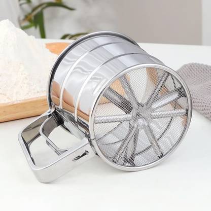 CRAZYGOL Stainless Steel Flour Sieve Baking Sieve Cup with Hand Press Design (Silver) Collapsible Strainer