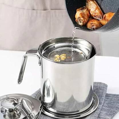 SKYVOKES Stainless Steel Oil Strainer Pot Container with Removable Filter 1.7 L Strainer