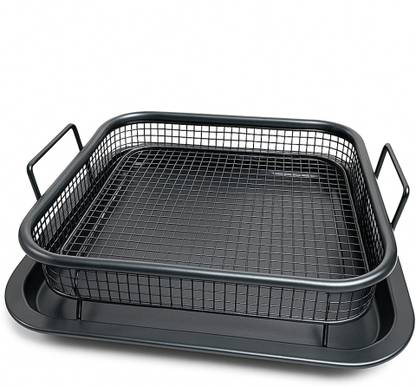 Kruvad Air Fryer Basket Oven - 2 Piece Stainless Steel Crisper Tray & Mesh Basket Set Collapsible Deep Frying Basket