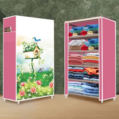systumm 5 Layer House Tree Pink Print PP Collapsible Wardrobe