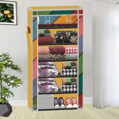 SB07 1 Door 6 Shelf Colorful Wood Print PP Collapsible Wardrobe