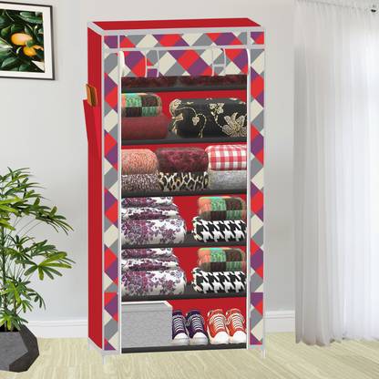 SPIRITED 1 Door 6 Shelf Diamond Wall Print PP Collapsible Wardrobe