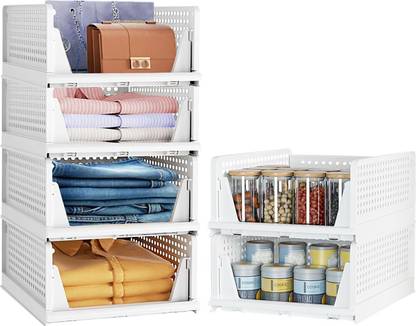 Aditya Polymers Wardrobe Organizer (6 Pc, Large) – Foldable & Stackable Slide-Out Trays PP Collapsible Wardrobe