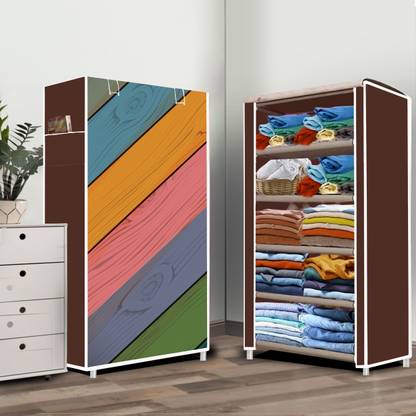 systumm 5 Layer Colorful Wood Print PP Collapsible Wardrobe
