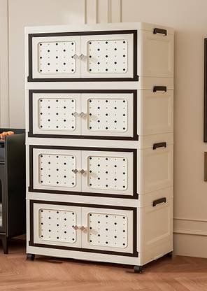 HOUSE OF QUIRK 4 Layer, 65cm Multifunctional Folding Storage Box Cabinet with Doors and Wheels PVC Collapsible Wardrobe