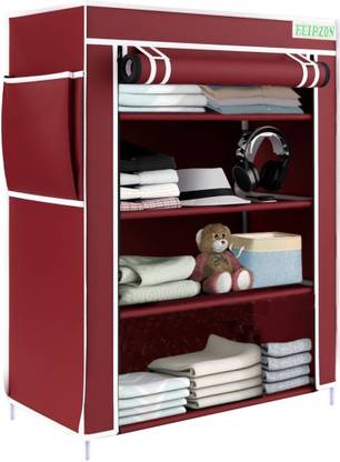 FLIPZON Multipurpose 4 Shelve Wardrobe, (Iron and Non-Woven Fabric) PP Collapsible Wardrobe