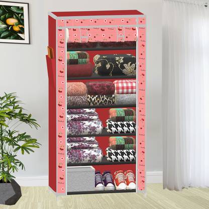 SB07 1 Door 6 Shelf Cherry Print PP Collapsible Wardrobe