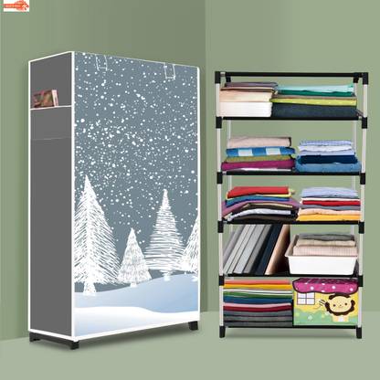 SRMAJI STORE 5 Shelf Foldable Collapsible Wardrobe Storage Organizer Almirah Cloth Rack PVC Collapsible Wardrobe