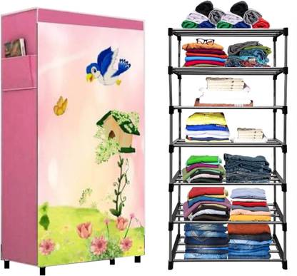 CMerchants Dark Pink-Metal-6 Layer Carbon Steel Collapsible Wardrobe