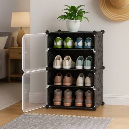 KriShyam ® Shoe Rack Organizer 8 Pair Tower 4 Shelve 2 Door Portable Shoe Storage Rack PP Collapsible Wardrobe