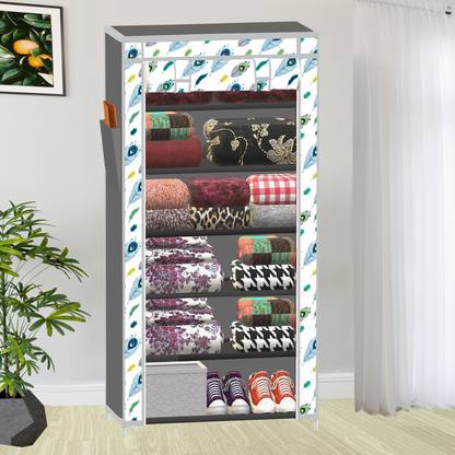 SB07 1 Door 6 Shelf Peacock Feather Print PP Collapsible Wardrobe