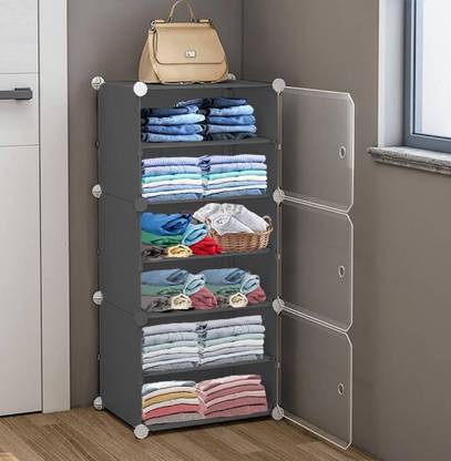 KROOH 3-Door 6-Shelf Plastic almirah clothes Organizer for Wardrobe Foldable Carbon Steel Collapsible Wardrobe