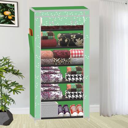 SB07 1 Door 6 Shelf White Bubble Print PP Collapsible Wardrobe