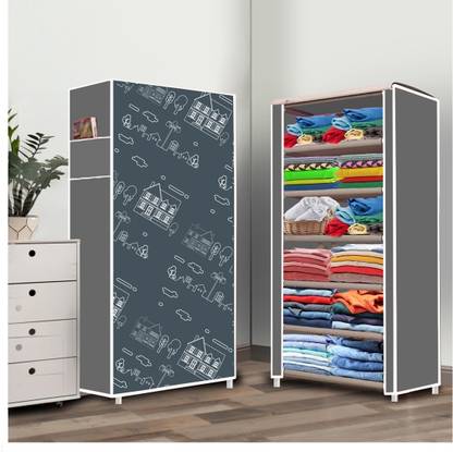 ZENVEXYO 6 Shelf Foldable Collapsible Wardrobe Storage Organizer Almirah Cloth Rack PP Collapsible Wardrobe