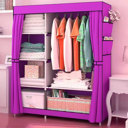 KUBER INDUSTRIES Foldable Wardrobe for Clothes|Non Woven 2 Door & 4 Shelves for Clothes (Purple) Carbon Steel Collapsible Wardrobe