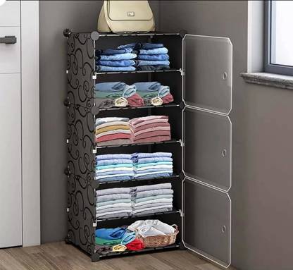 Sasimo 3-Door 6-Shelf Plastic Collapsible Cupboard Carbon Steel Collapsible Wardrobe