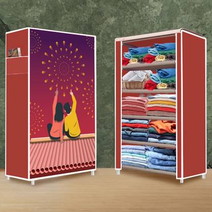 KushHome 5 Layer Couple Print Carbon Steel Collapsible Wardrobe