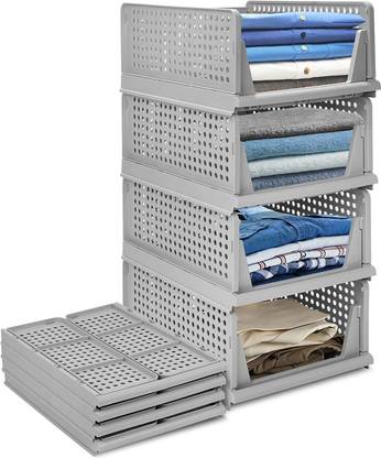 PADHAR Wardrobe Organizer Foldable And Stackable Pack Of 5 Large (Grey) PP Collapsible Wardrobe