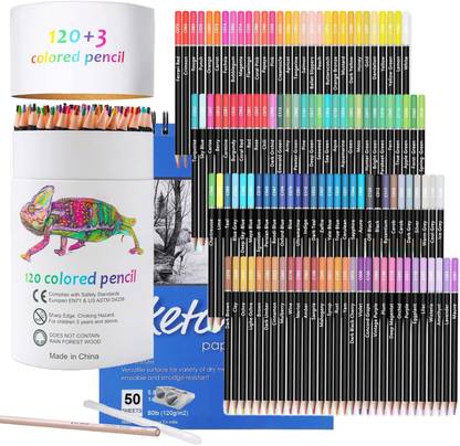 Soucolor Colour Pencils Set of 120 Soft Artists Pencil With A5 Sketch Book 50 Sheets Round Shaped Color Pencils