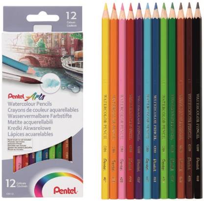PENTEL Arts Series Soft Pre-Sharpened 12 Shades Watercolor Pencils Set | Non-Toxic Hexagonal Shaped Color Pencils