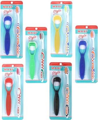 Maxi Style Soft Bristles Toothbrush with Dual action Tongue Cleaner - Oral Hygiene Kit, Perfect combo for Family, Multicolor