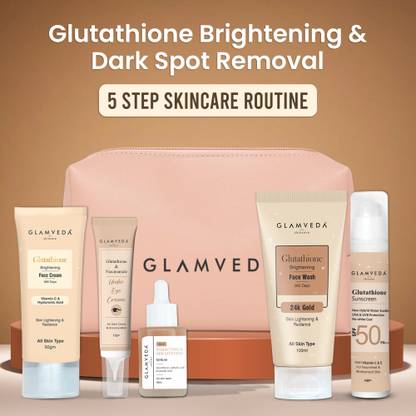 GLAMVEDA Glutathione 5 Step Routine with Pouch | Face Wash, Serum, Cream, Eye Gel & Sunscreen| Skin whitening & brightening kit|Skincare|