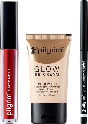 Pilgrim Red Stiletto Matte Liquid Lipstick, Honey Glow BB Cream & Kajal Combo