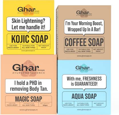 GHAR SOAPS All Natural Soaps Bar | Magic Soap , Kojic Soap , Coffee Soap & Aqua Soap |