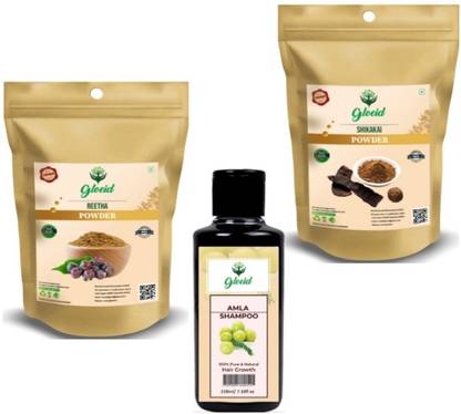 GLOEID 100% Reetha Powder(50 gram), Shikakai Powder(50 gram) and Amla Shampoo(210ml) for Hair Treatment